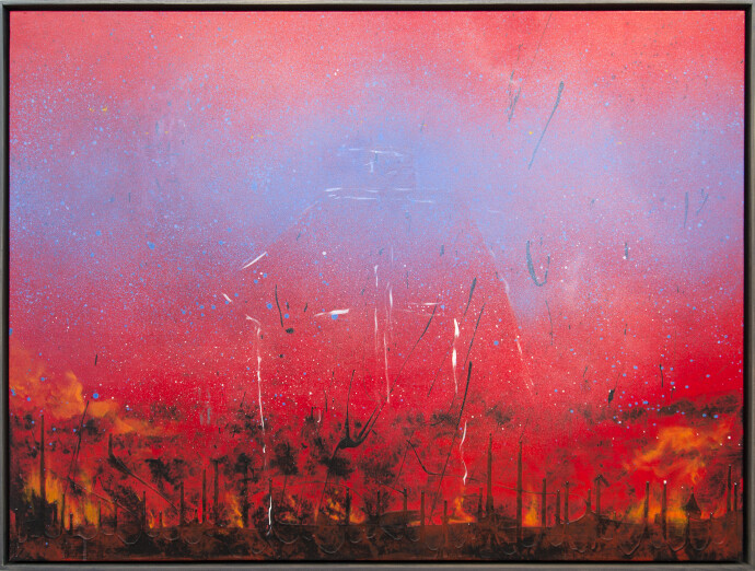 An ethereal cloud of deep blue floats across the canvas against a backdrop of fiery red, dashes of orange and black paint drips in this vibr…