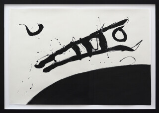 A figure rendered in rapid calligraphic brushstrokes flies above and parallel to a wide, curved strip of black on a white ground in this pai…