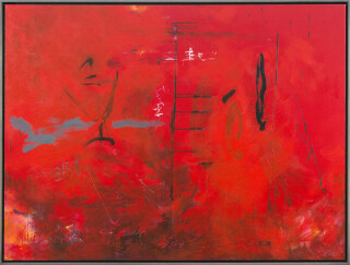 This contemporary abstract painting is rendered in red and black.