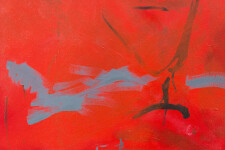 This contemporary abstract painting is rendered in red and black. Image 3
