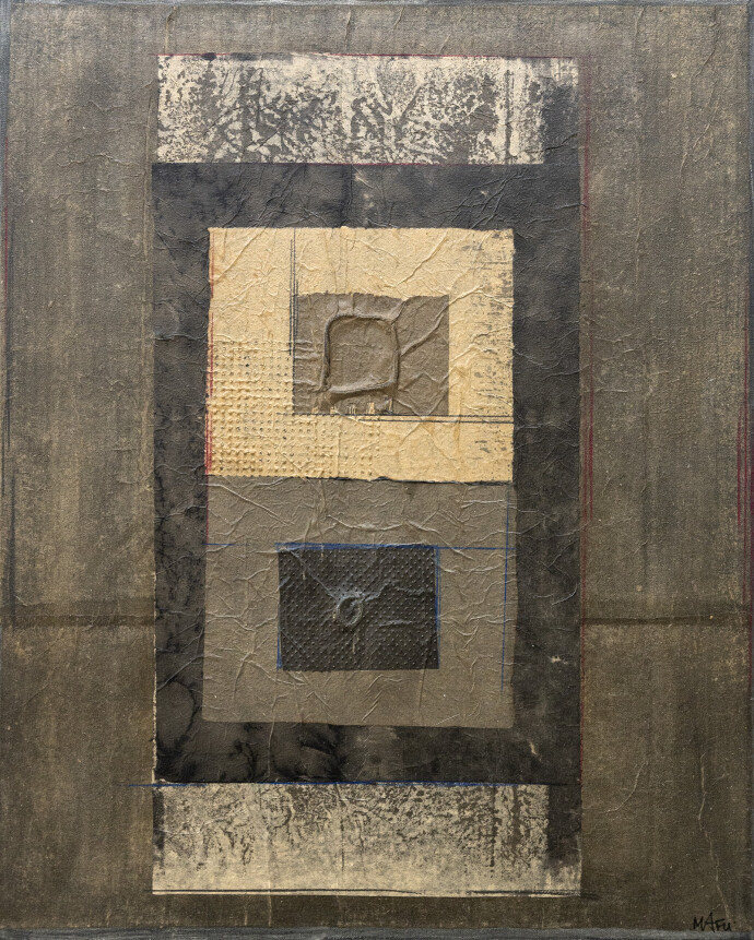 This contemporary mixed media graphic composition is by an Asian artist.