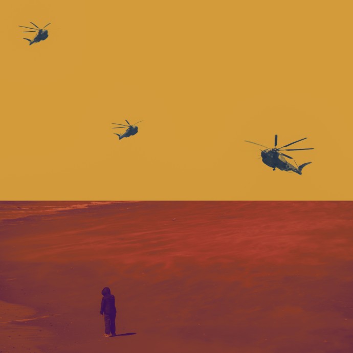 Helicopters hover over a lone figure stands on a scorched ground in this dramatic photo based image by Mark Bartkiw.