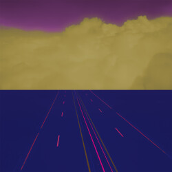 This surreal contemporary photograph of a highway is pink, purple and yellow.