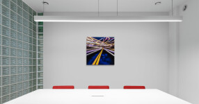Shocks of light -- yellow , indigo, red and white -- zip through the night in this dynamic photographic print by Mark Bartkiw. Image 5