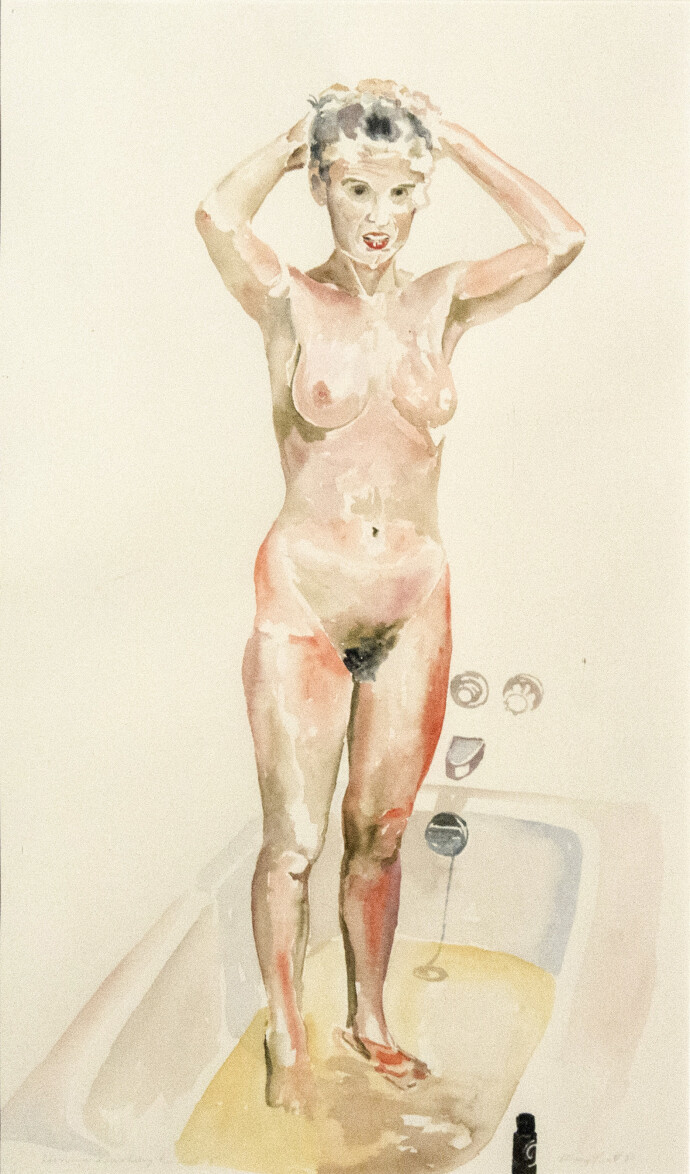 In this superb realistic painting by Mary Pratt, a young woman stands in her bathtub facing the viewer, she is nude and in the process of wa…