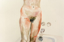 In this superb realistic painting by Mary Pratt, a young woman stands in her bathtub facing the viewer, she is nude and in the process of wa… Image 6