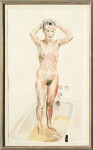 In this superb realistic painting by Mary Pratt, a young woman stands in her bathtub facing the viewer, she is nude and in the process of wa… Image 2