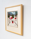 This folk art painting of a red sleigh in winter is by Maud Lewis. Image 3