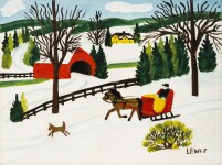 This folk art painting of a winter scene by Maud Lewis features a dog. Image 2