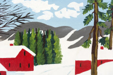 This folk art painting of a red sleigh in winter is by Maud Lewis. Image 6