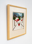 This folk art painting of a red sleigh in winter is by Maud Lewis. Image 2