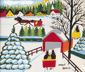 This oil painting of a covered bridge with three sleighs in winter is by folk artist Maud Lewis.