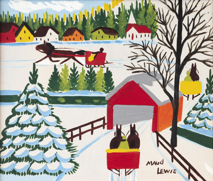 This oil painting of a covered bridge with three sleighs in winter is by folk artist Maud Lewis.