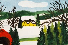 This folk art painting of a winter scene by Maud Lewis features a dog. Image 9