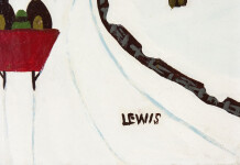 This folk art painting of a red sleigh in winter is by Maud Lewis. Image 3