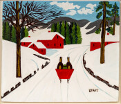 This folk art painting of a red sleigh in winter is by Maud Lewis. Image 8