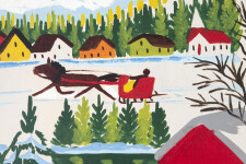 This oil painting of a covered bridge with three sleighs in winter is by folk artist Maud Lewis. Image 6