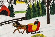 This folk art painting of a winter scene by Maud Lewis features a dog. Image 6