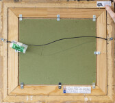 This oil painting of a covered bridge with three sleighs in winter is by folk artist Maud Lewis. Image 3