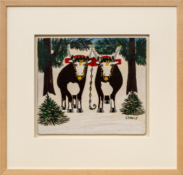 This folk art painting by legacy artist Maud Lewis features oxen in winter.
