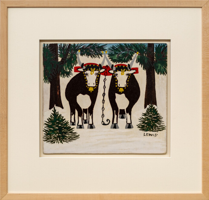 This folk art painting by legacy artist Maud Lewis features oxen in winter.