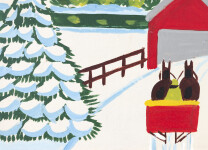 This oil painting of a covered bridge with three sleighs in winter is by folk artist Maud Lewis. Image 2