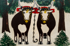 This folk art painting by legacy artist Maud Lewis features oxen in winter. Image 7