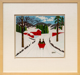 This folk art painting of a red sleigh in winter is by Maud Lewis.