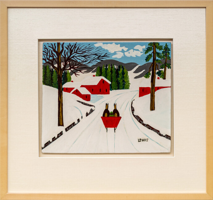 This folk art painting of a red sleigh in winter is by Maud Lewis.
