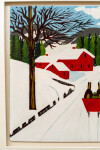 This folk art painting of a red sleigh in winter is by Maud Lewis. Image 7