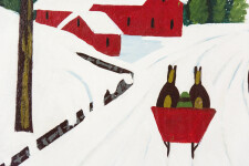 This folk art painting of a red sleigh in winter is by Maud Lewis. Image 4