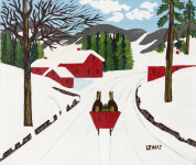 This folk art painting of a red sleigh in winter is by Maud Lewis. Image 2