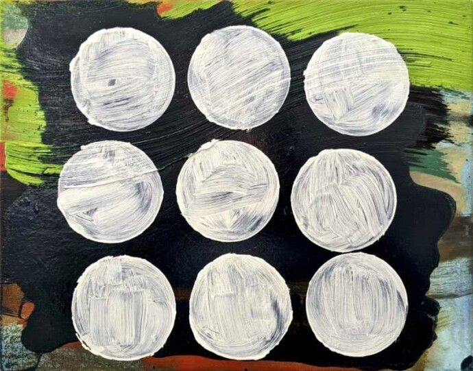 Nine bright white full moons play off a black background in this dynamic abstract painting by Mel Davis.