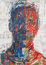 This contemporary acrylic painting is an abstract self-portrait of the artist.