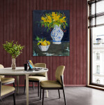 This contemporary still life oil painting features yellow flowers and a bowl of lemons. Image 14