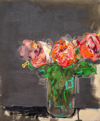 This contemporary still life oil painting features a bouquet of red spring flowers.