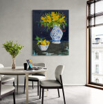 This contemporary still life oil painting features yellow flowers and a bowl of lemons. Image 13