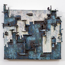 This contemporary ceramic architectural wall sculpture is handmade.