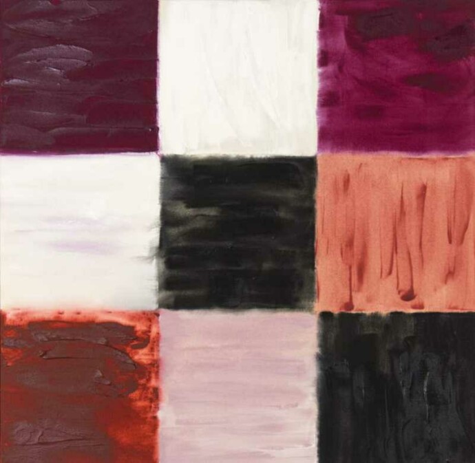 This contemporary abstract painting features a grid pattern in various shades of red as created by Milly Ristvedt.