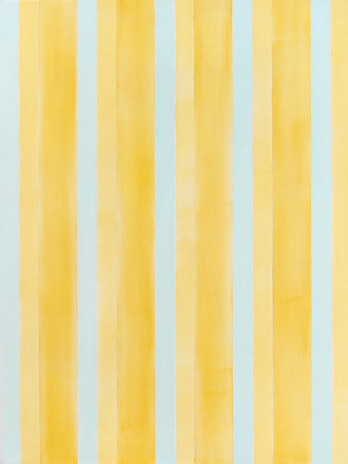 Vertical stripes of buttercup yellow and cloud blue are each separated from the other by a mere whisper of white canvas.