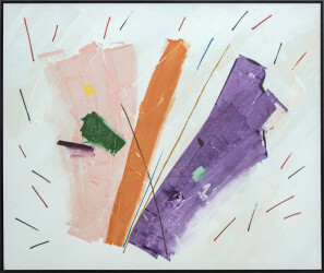 Large scale, colorful abstract painting, with pink, orange and purple against a pale blue ground.