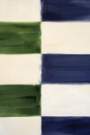 Two columns of horizontal rectangles in alternating colours of forest green and warm white frame a third, central column of warm white and s… Image 2