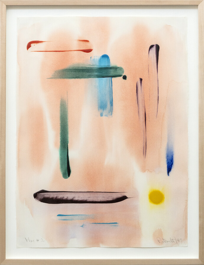 This abstract painting on paper by Milly Ritsvedt features spring-like colours.