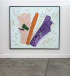 Large scale, colorful abstract painting, with pink, orange and purple against a pale blue ground. Image 7