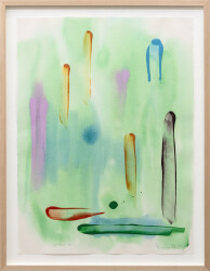 This colourful abstract painting on paper by Milly Ritsvedt has a green backdrop.