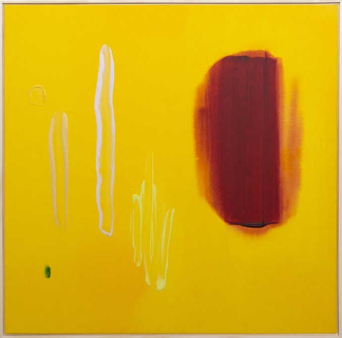 This large yellow and red contemporary abstract painting was created by Milly Ristvedt.