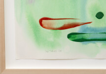 This colourful abstract painting on paper by Milly Ritsvedt has a green backdrop. Image 11