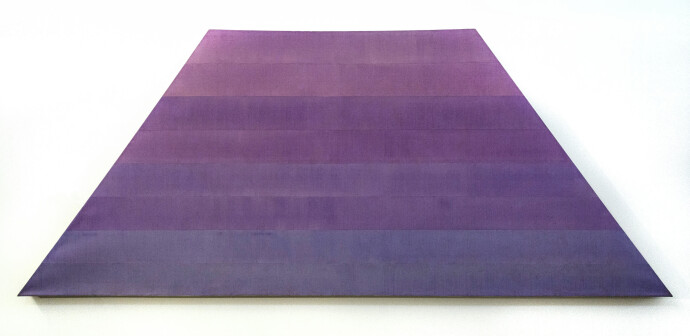 Gradient bands of washed violet turn to dust rose in this shaped canvas from 1968 by Milly Ristvedt.