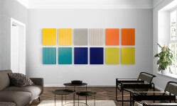 Twelve rectangular panels, each painted alternately in solid colours or solid with tinted vertical stripes, are installed in a precise grid:… Image 8