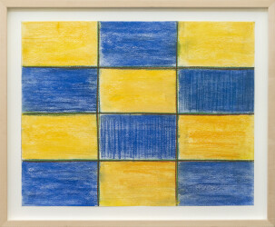 This contemporary pastel on paper of a grid in blue and yellow is by Milly Ristvedt.